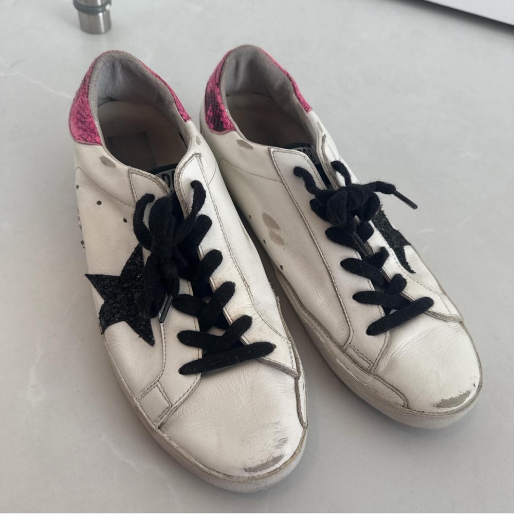 Golden Goose White Sneakers with Black Star and Pink Accents